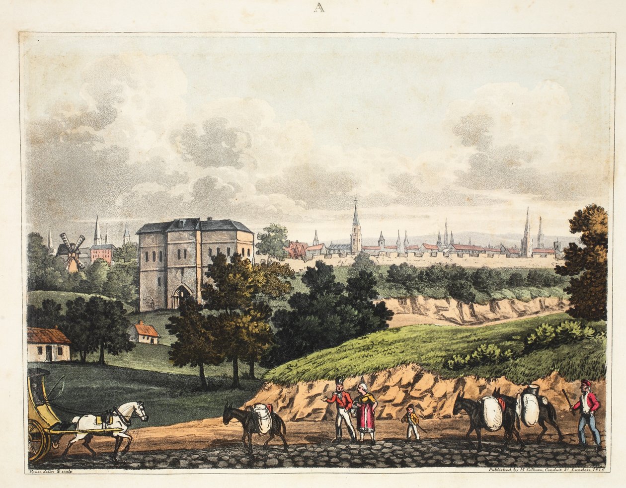 Byen Brussel, fra inngangen til Foret de Soigne, med barrieren, pub H. Colburn, 1816 av James Rouse