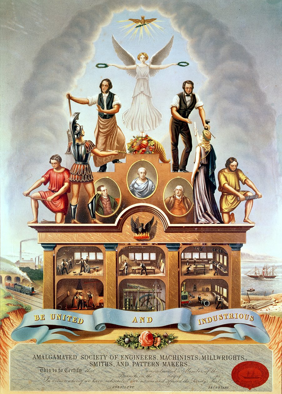 Trade Emblem of the Amalgamated Society of Engineers, Machinists, Millwrights, Smiths and Pattern Makers, gravert av George Greatbach, 1852 av James Sharples