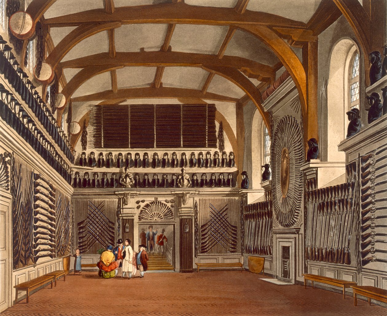 The Old Guard Chamber, The Round Tower, Windsor Castle, fra 'Royal Residences', gravert av Thomas Sutherland (f.1785), pub. av William Henry Pyne (1769-1843), 1818 (akvatint) av James Stephanoff