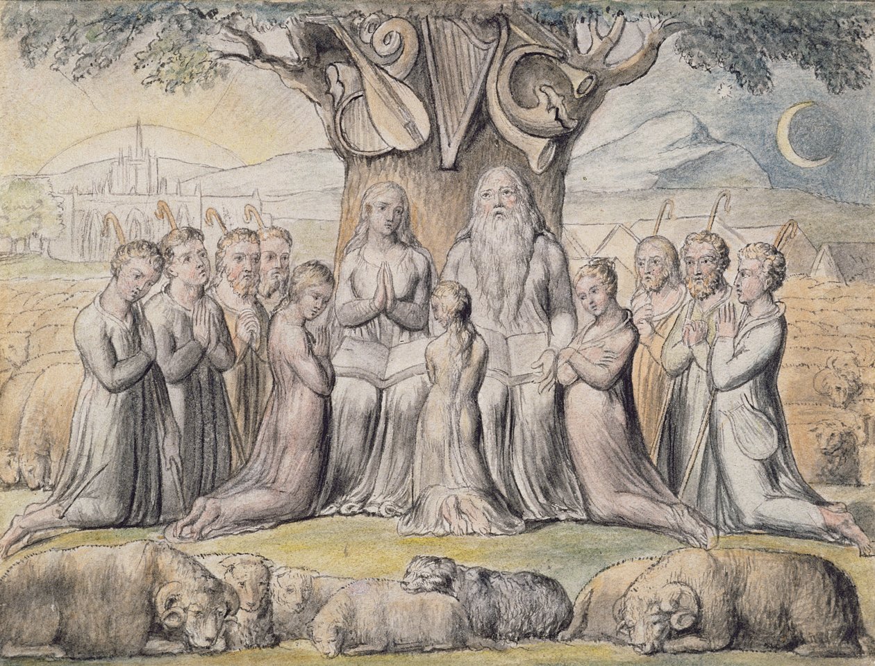 Illustrasjoner fra Jobs bok, pl.2 (side 1): Job og hans familie, etter William Blake (1757-1827) (penn og blekk og wc) av James Thomas Linnell