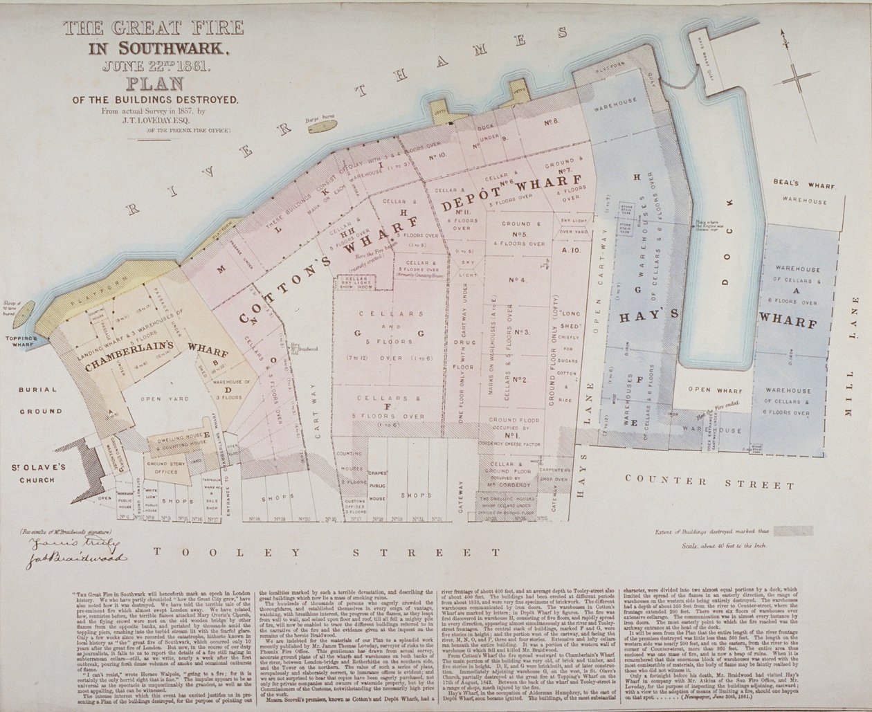 Plan over bygninger ødelagt ved Chamberlains Wharf, Cottons Wharf og Hays Wharf i Cottons Wharf-brannen i 1861 av James Thomas Loveday