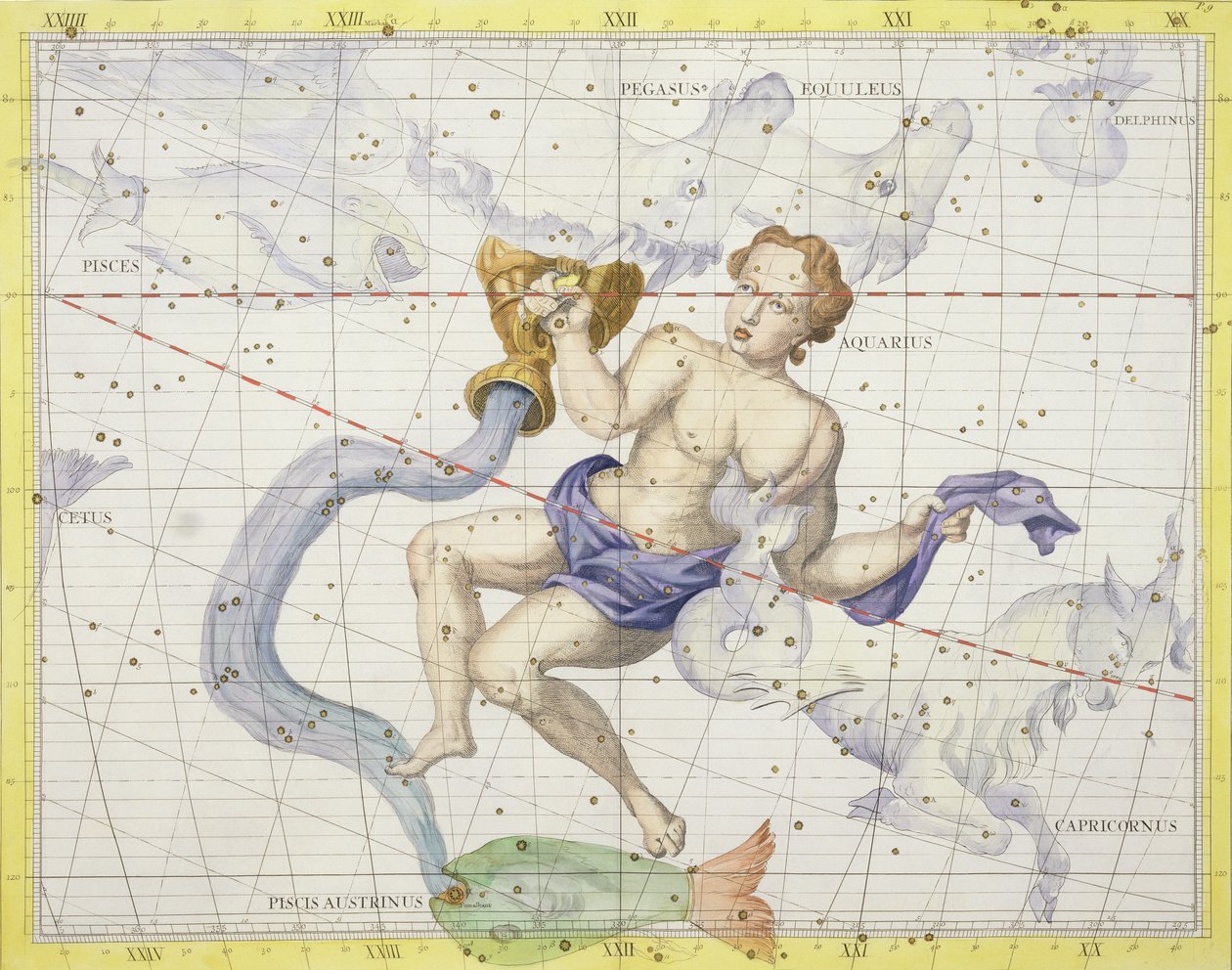 Constellation of Aquarius, plate 9 fra 'Atlas Coelestis', av John Flamsteed (1646-1710), utgitt i 1729 (håndfarget gravering) av James Thornhill
