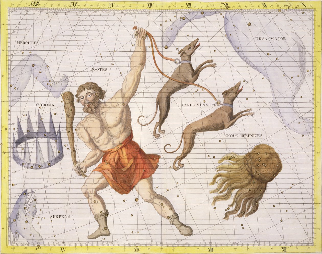 Constellation of Bootes, plate 20 fra 'Atlas Coelestis', av John Flamsteed (1646-1710), utgitt i 1729 (håndfarget gravering) av James Thornhill