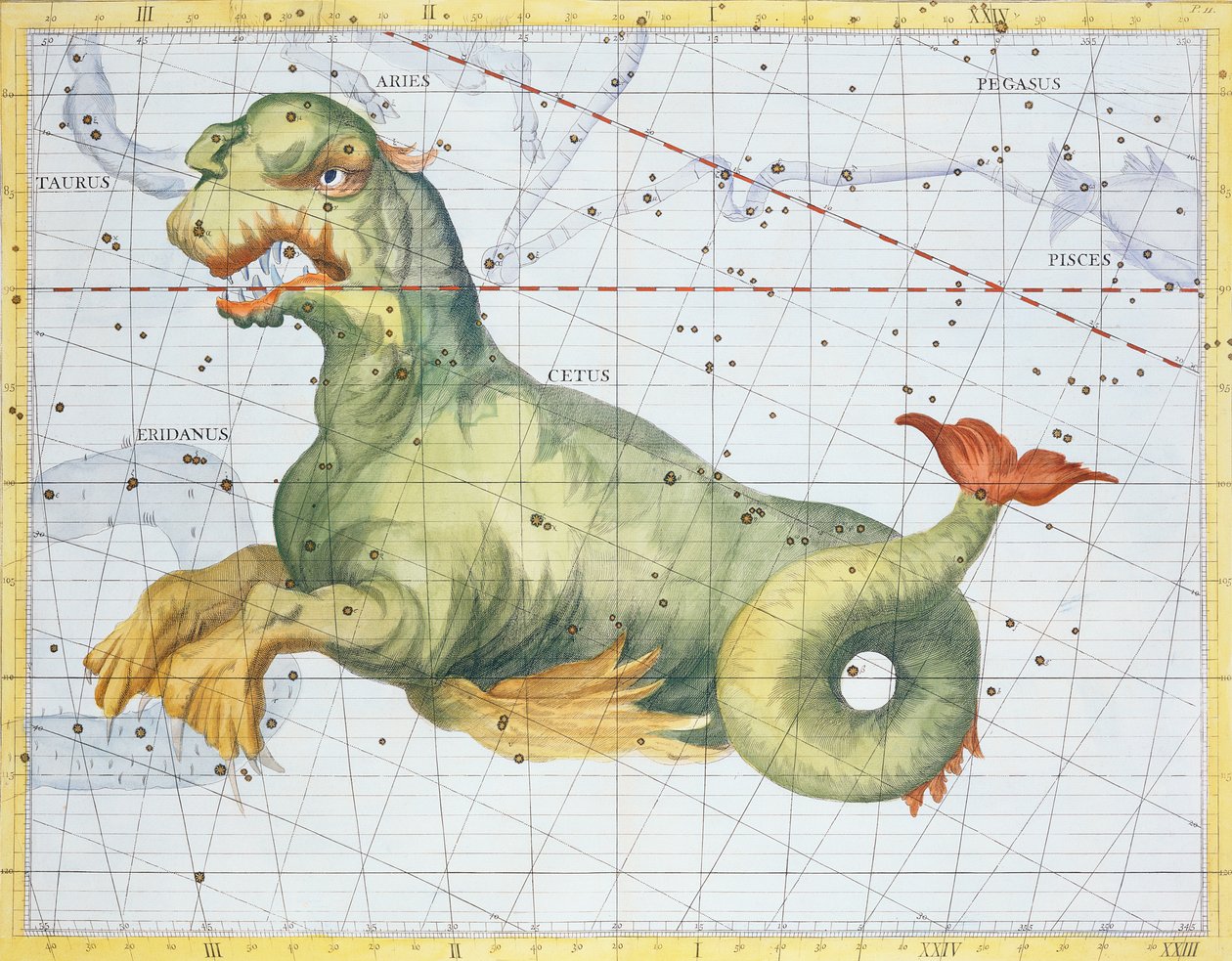Constellation of Cetus the Whale, fra 'Atlas Coelestis' av John Flamsteed (1646-1719), pub. i 1729 (håndfarget gravering) av James Thornhill