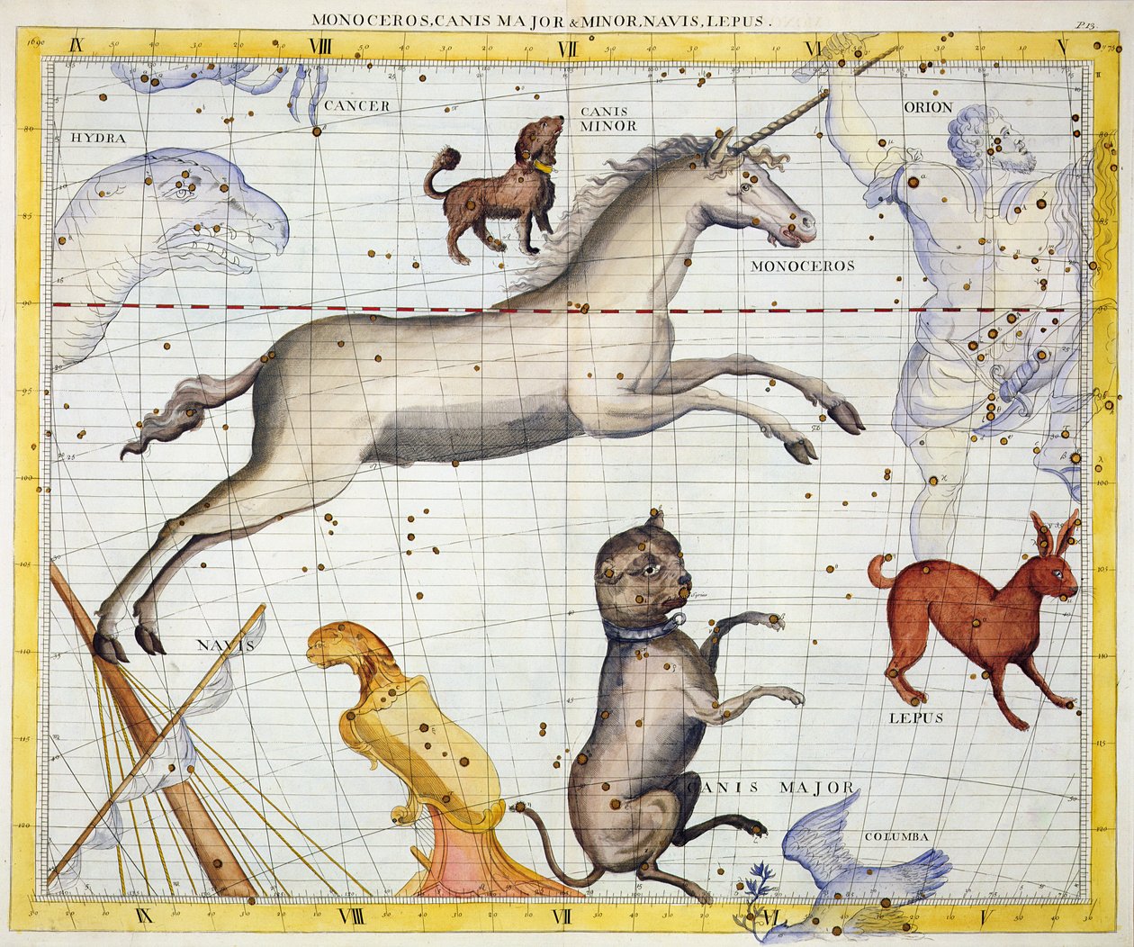 Constellation of Monoceros med Canis Major og Minor, plate 13 fra 