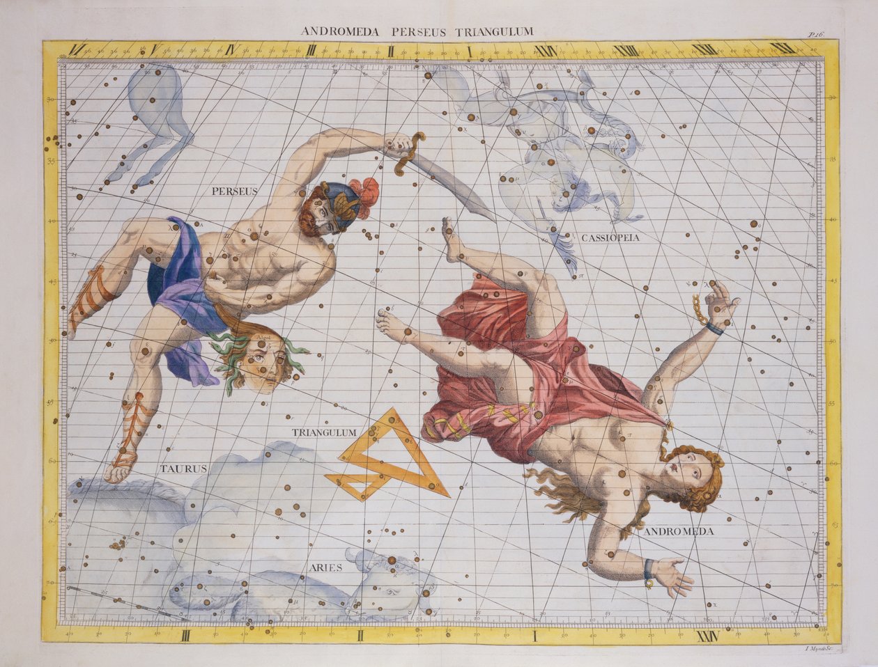 Constellation of Perseus and Andromeda, fra 'Atlas Coelestis', av John Flamsteed (1646-1719), pub. i 1729 (håndfarget gravering) av James Thornhill