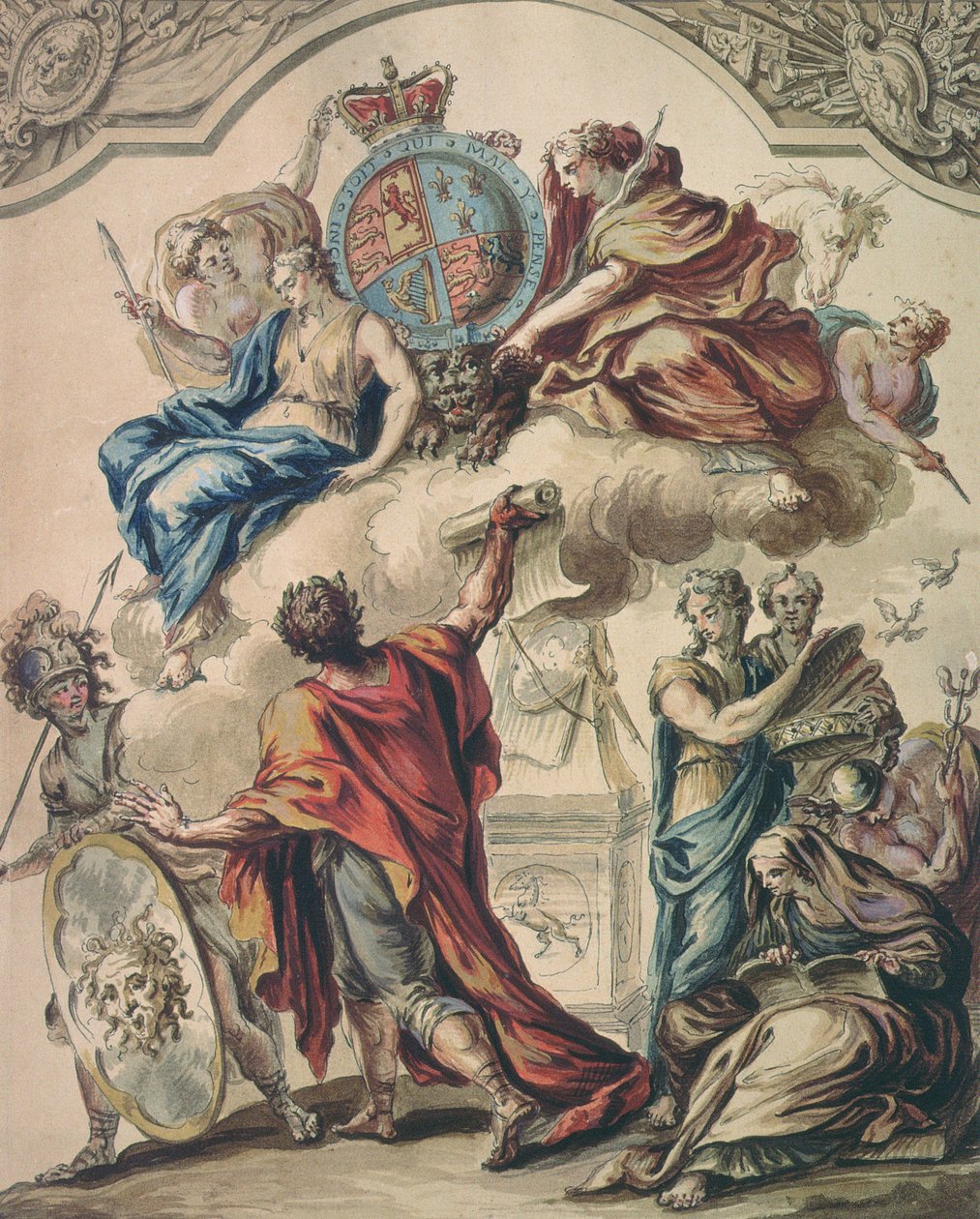 Foreløpig design for et panel for en kongelig statstrener for George I, 1700-tallet av James Thornhill