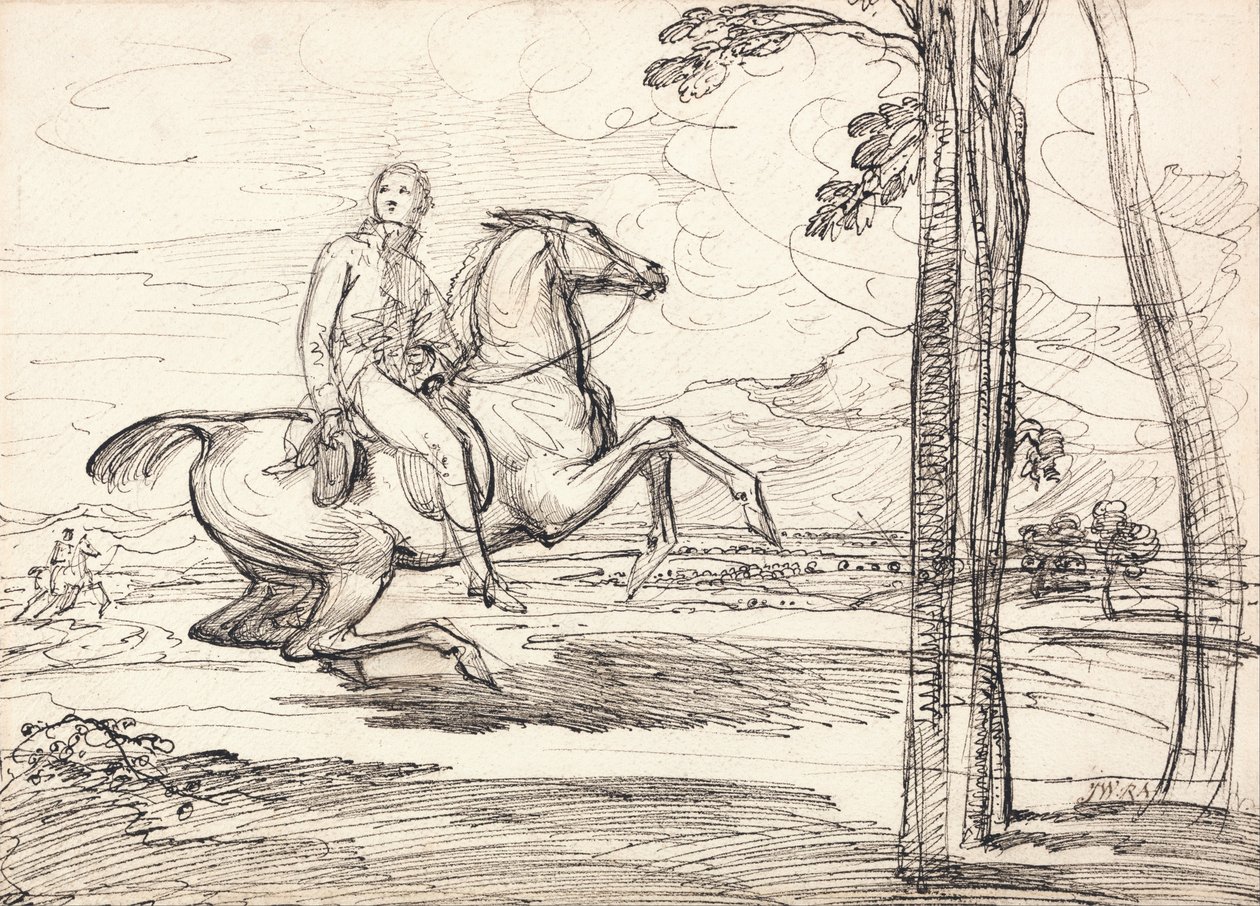 En rytter i et landskap- sannsynligvis en studie for Theophilus Levett Fox-jakt i Wychnor Park av James Ward