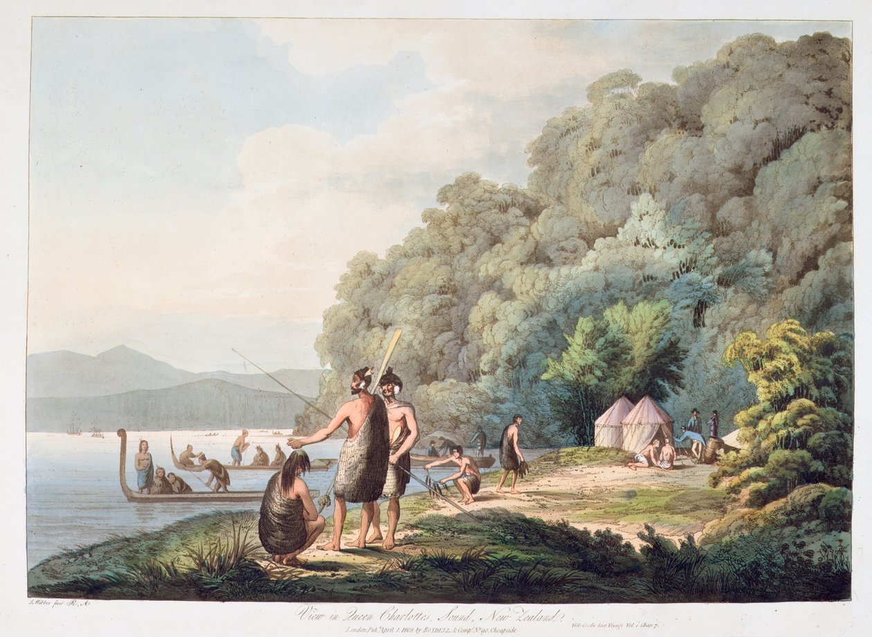Utsikt i Queen Charlotte Sound, New Zealand, fra Views in the South Seas, 1809 (håndfarget akvatint) av James Webber