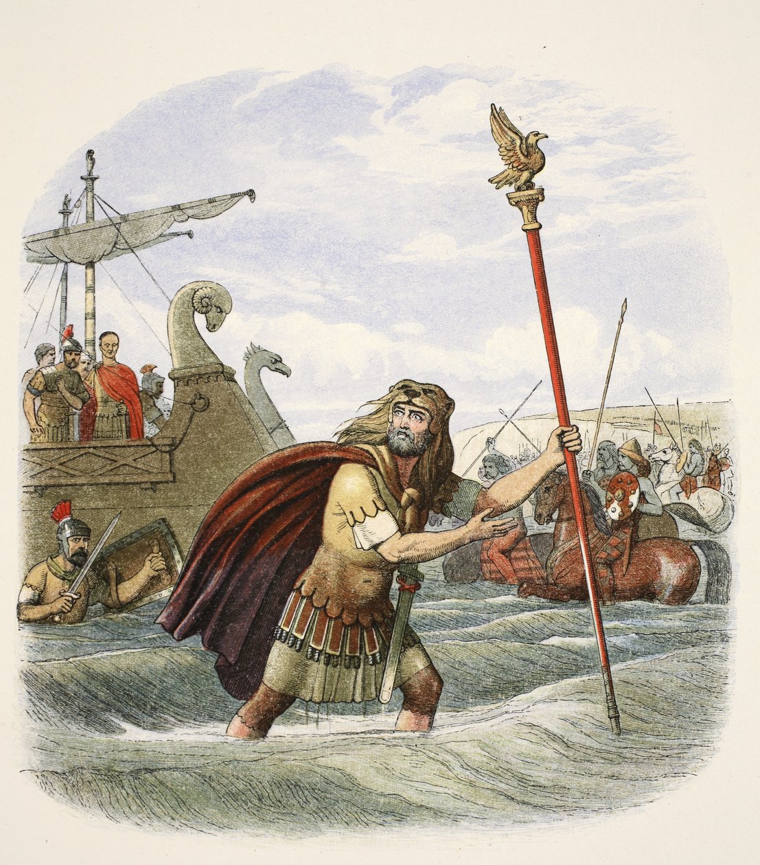 Den romerske fanebæreren av den tiende legion som lander i Storbritannia, 55 f.Kr., fra A Chronicle of England BC 55 til AD 1485, pub. London, 1863 av James William Edmund Doyle