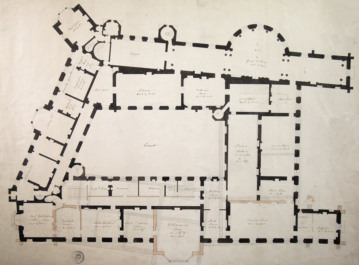 Design for endringer av det tredje slottet (penn og blekk med vask på papir) av James Wyatt