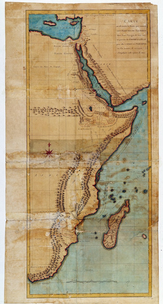 Kart over Øst-Afrika (kart over ruten som Salomons flåter tok) - i "" Reise til Nubia og Abessinia foretatt for å oppdage kildene til Nilen i årene 1768 til 1772", av James Bruce, Paris av James Bruce