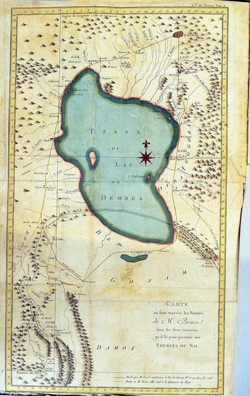 Kart over regionen Lake Tzana eller Lake Dembea (ruter av M. Bruce i hans to forsøk på å nå kildene til Nilen) - i” Reise til Nubia og Abessinia foretatt for å oppdage kildene til Nilen i årene 1768 til 1772 ””, av James Bruce, vo av James Bruce