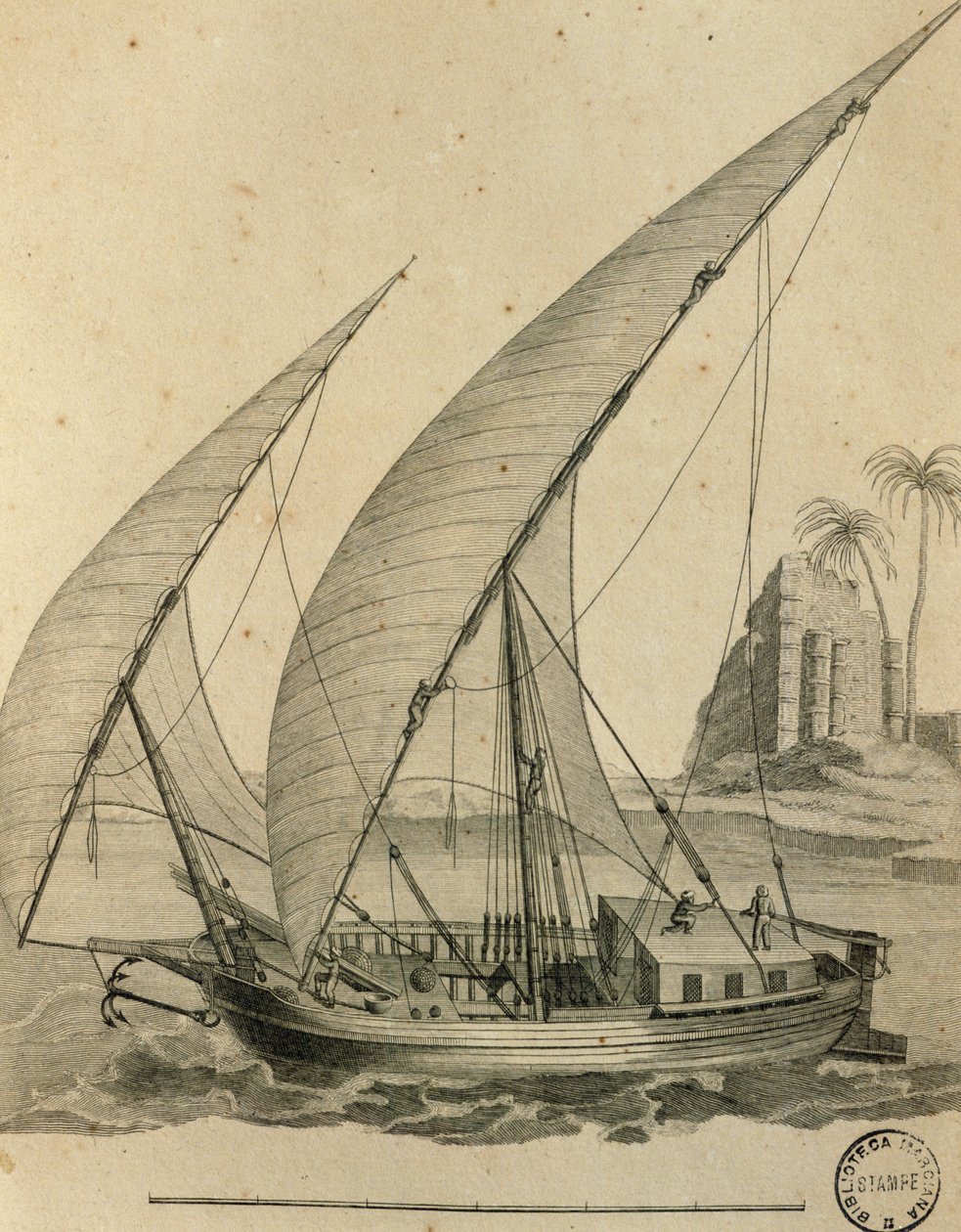 Seilbåt fra Nubia, Egypt, gravering fra Cartes et figures du Voyage en Nubia et en Abyssinia, James Bruce av James Bruce