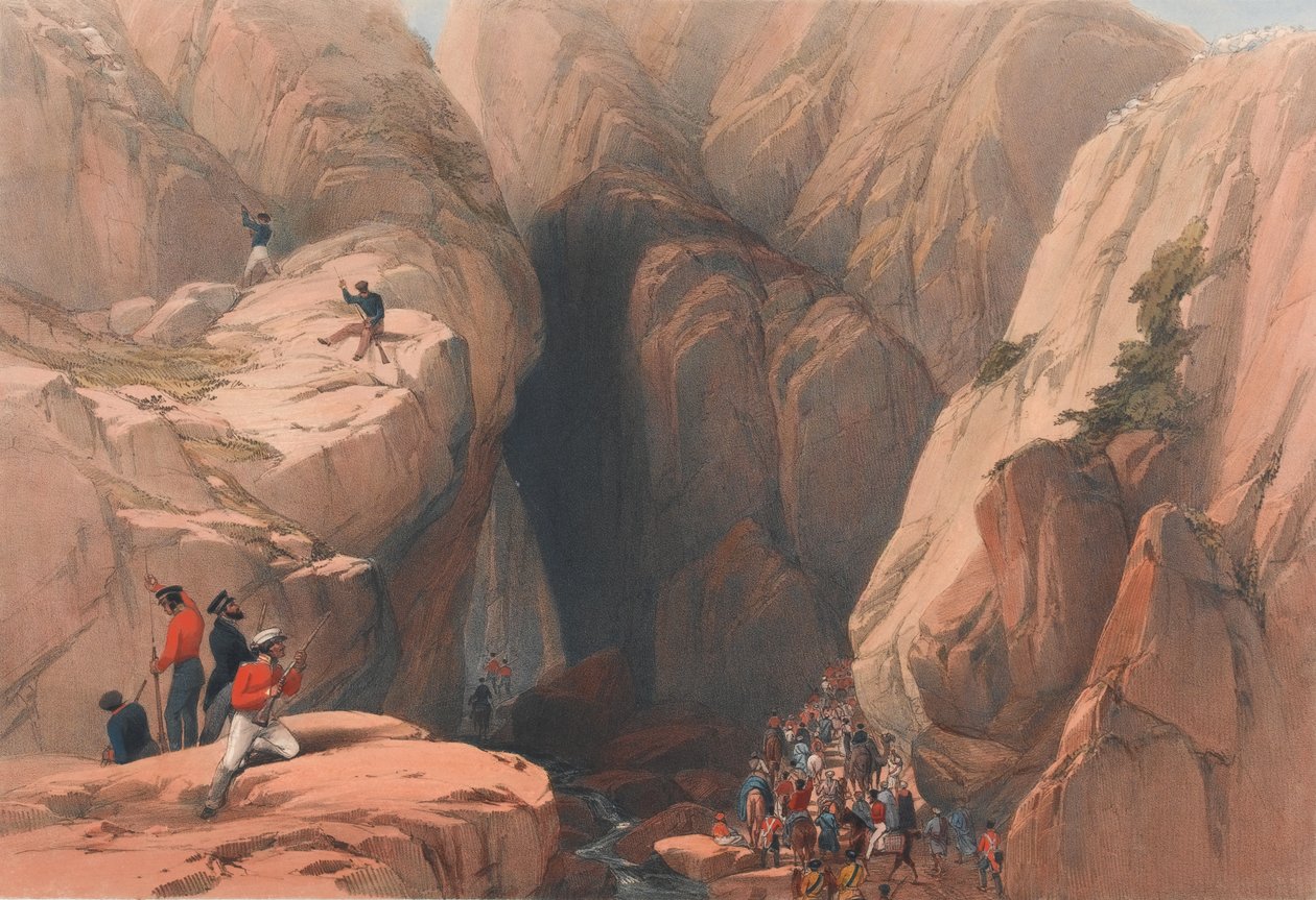 'Inngang til Kojak-passet fra Parush', ca. 1839 (litografi, tonet) av James (after) Atkinson