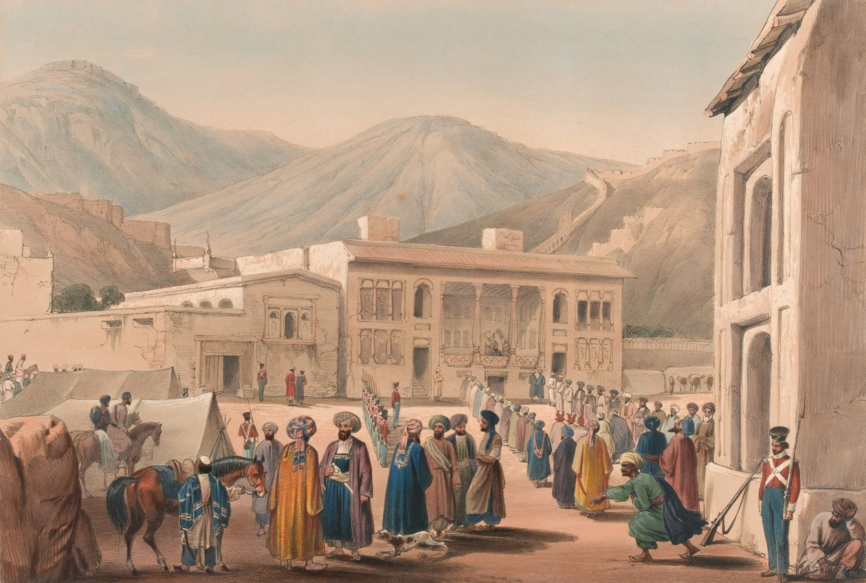 'The Durbar-Khaneh of Shah Shoojah-ool-Moolk, at Cabaul [sic]', ca. 1840 (litografi, tonet) av James (after) Atkinson
