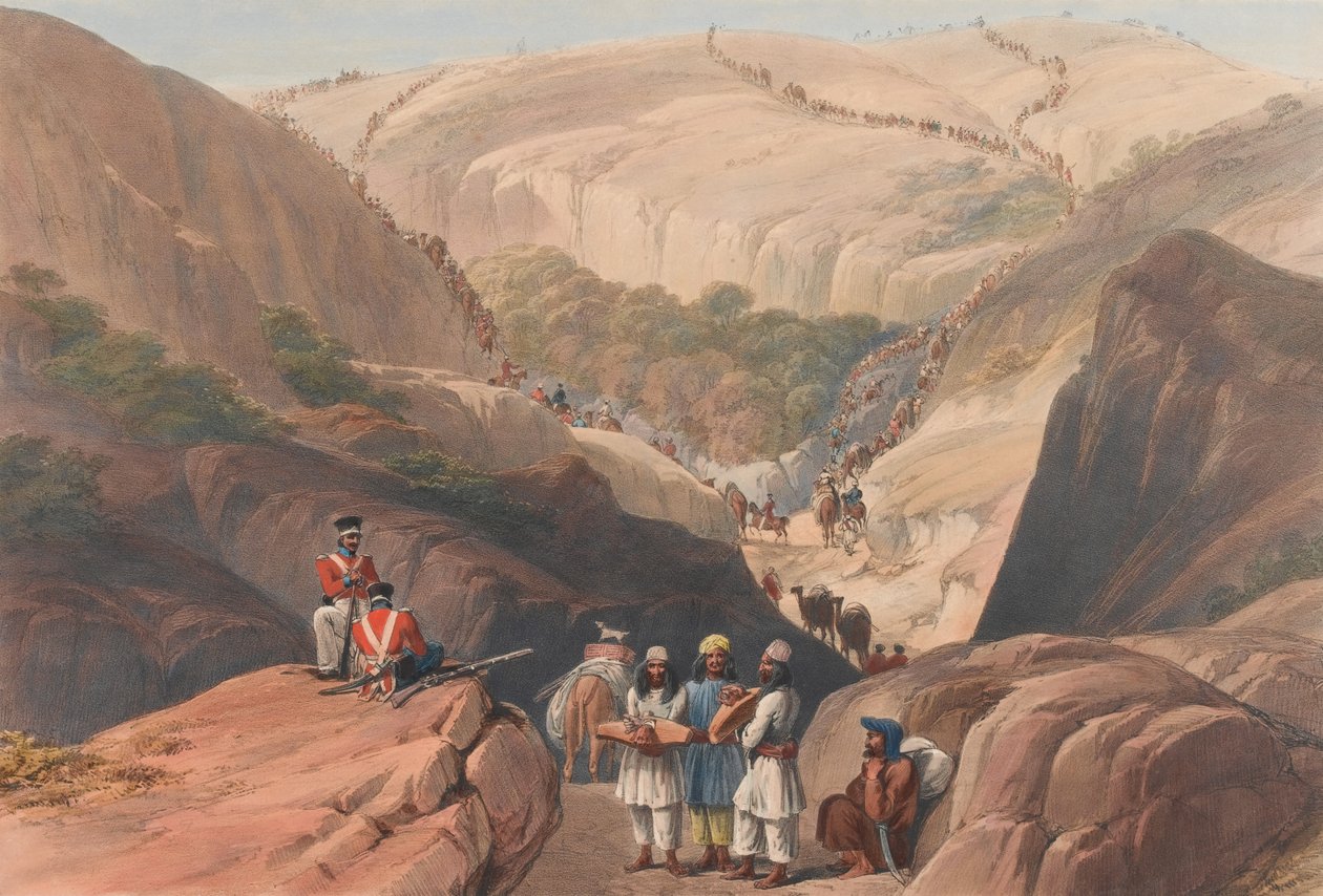 The First Descent through the Koojah [sic] Pass, ca. 1839 (litografi, tonet) av James (after) Atkinson