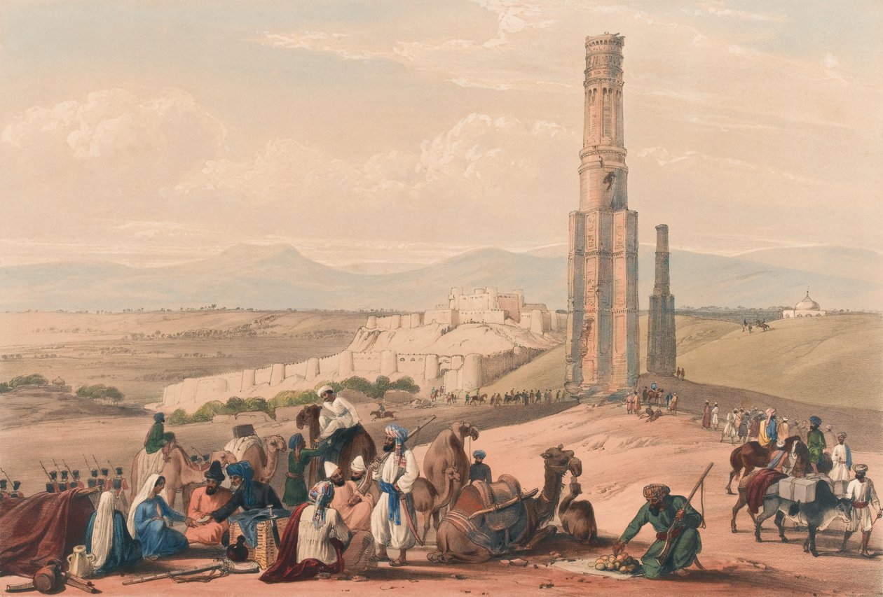 Festningen og citadalen i Ghuznee [sic] og de to minarene, ca. 1839 (litografi, tonet) av James (after) Atkinson
