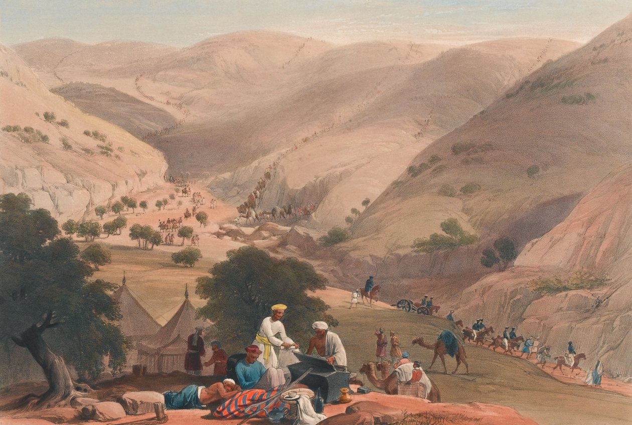 'The Third Descent of the Koojah [sic] Pass', ca. 1839 (litografi, tonet) av James (after) Atkinson