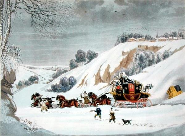 A Mail in Deep Snow, gravert av George Hunt (farge litho) av James (after) Pollard