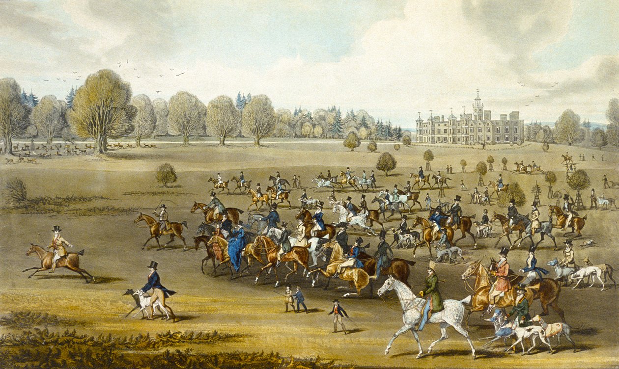 Kursere som tar feltet ved Hatfield Park, gravert av James Pollard (1797-1867) (farge litho) (se også 266807) av James (after) Pollard