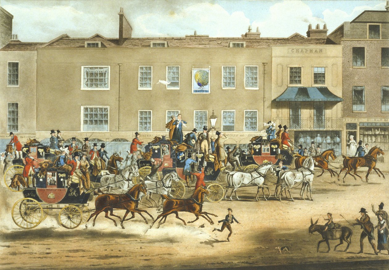 North Country Mails på The Peacock, Islington (farge litho) av James (after) Pollard