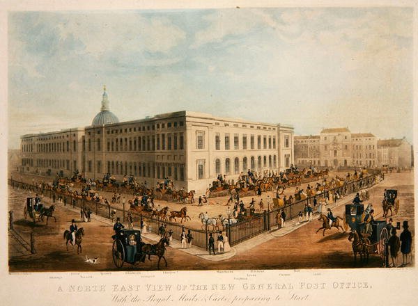 Nordøst-utsikt over New General Post Office (gravert av H. Pyall) (akvatint på papir) av James (after) Pollard