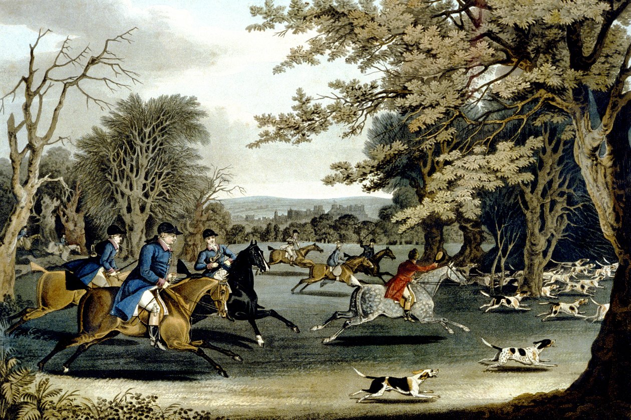 Royal Hunt in Windsor Park, gravert av Matthew Dubourg (fl.1813-20) 1829 (farge litho) av James (after) Pollard