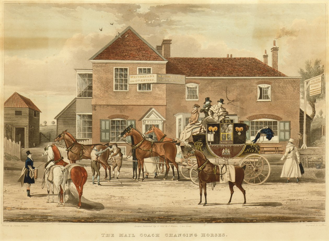 The Post Coach Changing Horses, ca. 1825 (gravering) av James (after) Pollard