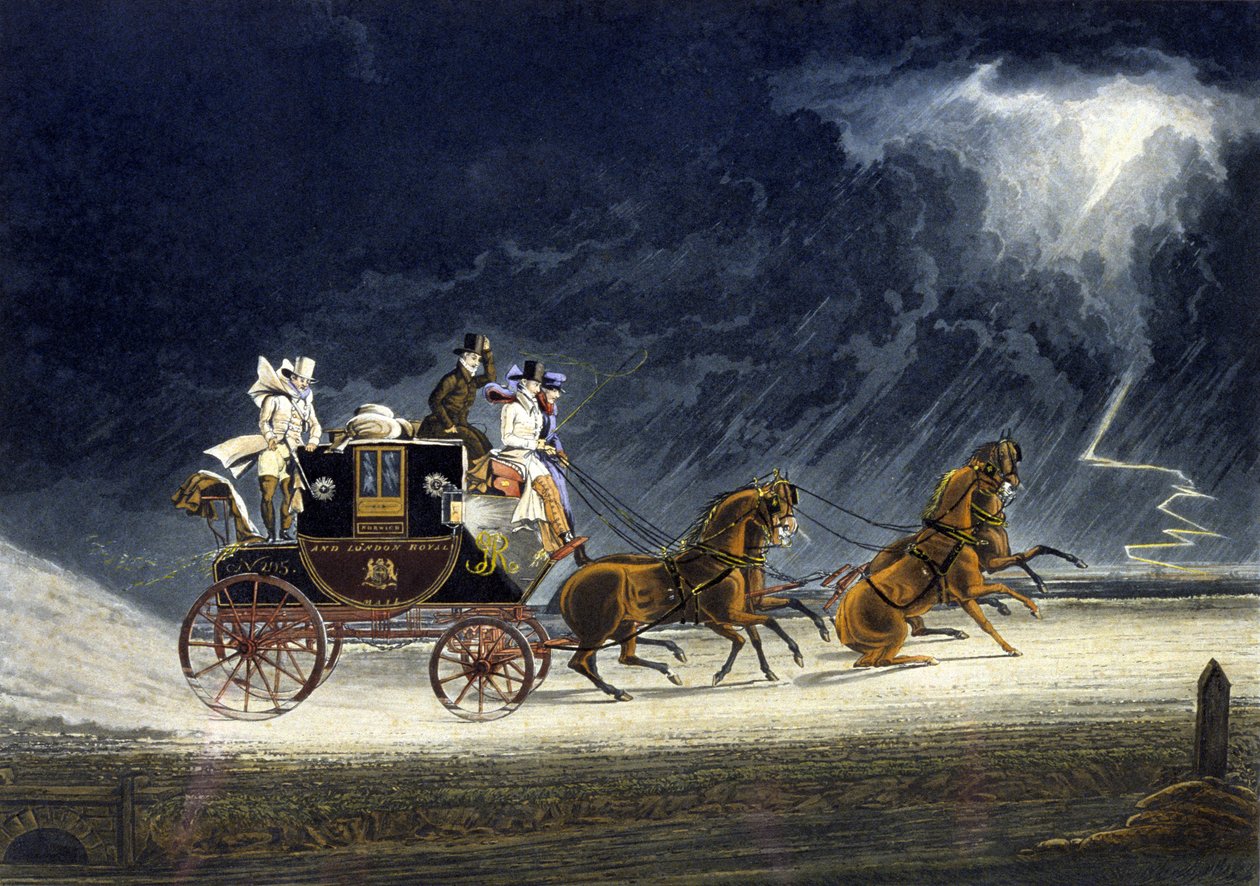 The Mail Coach in a Thunderstorm, gravert av R.G. Reeve av James (after) Pollard