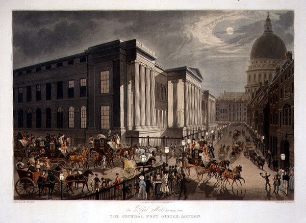 The Royal Mails Starting from the General Post Office, London, gravert av R. G. Reeves (fl.1811-37), pub. av Thomas McLean av James (after) Pollard