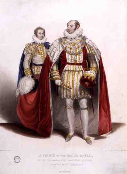A Prince of the Blood Royal i kroningskjole og godskapper deltatt av hans togbærer av James (after) Stephanoff
