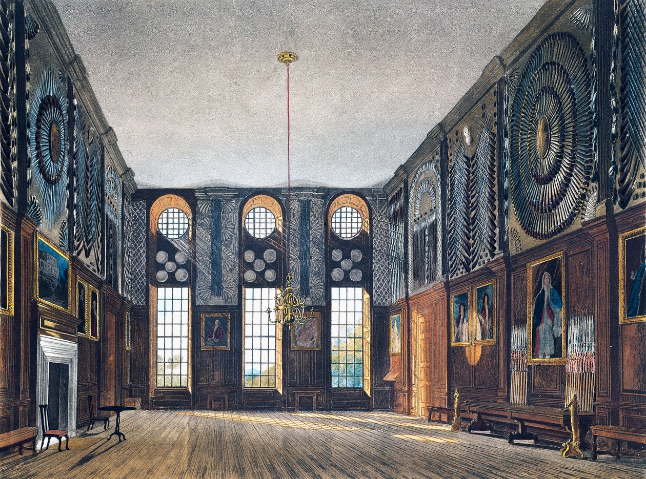 Vaktkammer, gravering av Richard Reeve (født i 1780), Basert på design av James Stephanoff (ca 1788-1874), Fra The History of the Royal Residences av James (after) Stephanoff