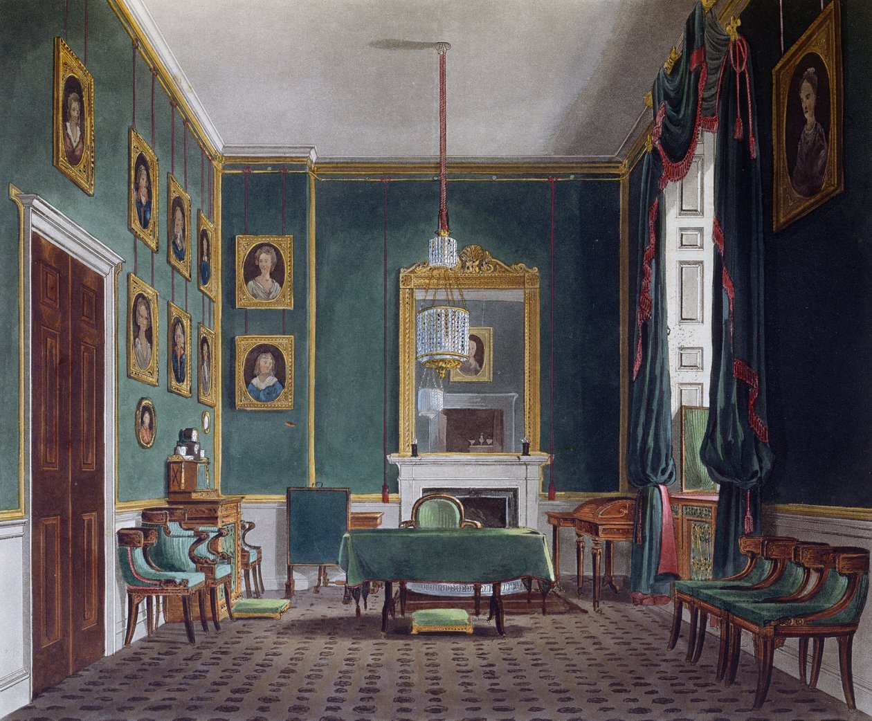 Grønt tilbaketrekningsrom, Gravering av Daniel Havell (1785-1826), Basert på design av James Stephanoff (ca 1788-1874), Fra The History of the Royal Residences av James (after) Stephanoff