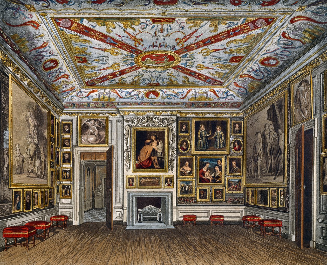 Møterom, gravering av Daniel Havell (1785-1826), Basert på design av James Stephanoff (ca 1788-1874), Fra The History of the Royal Residences av James (after) Stephanoff
