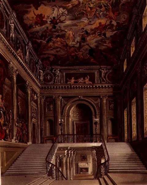 Staircase, Buckingham House, gravert av William James Bennett (1787-1844) fra "The History of the Royal Residences" av William Henry Pyne (1769-1843) pub. 1818 (lito) av James (after) Stephanoff