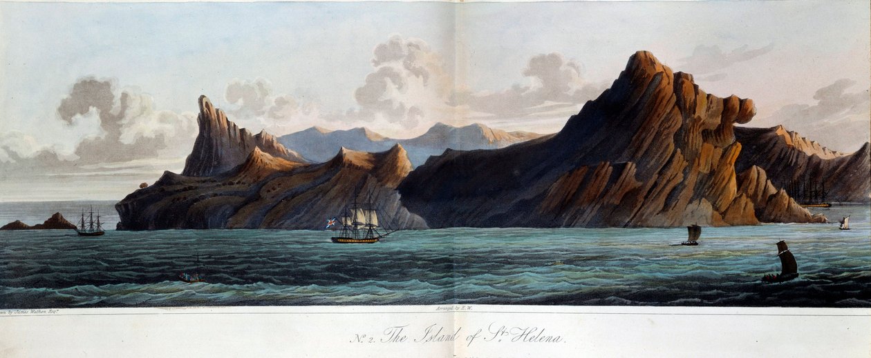 Utsikt over øya Sainte Helene (Sainte-Helene) på 1800-tallet. Akvarell av James Wathen (d. 1828) Paris, Musee de l