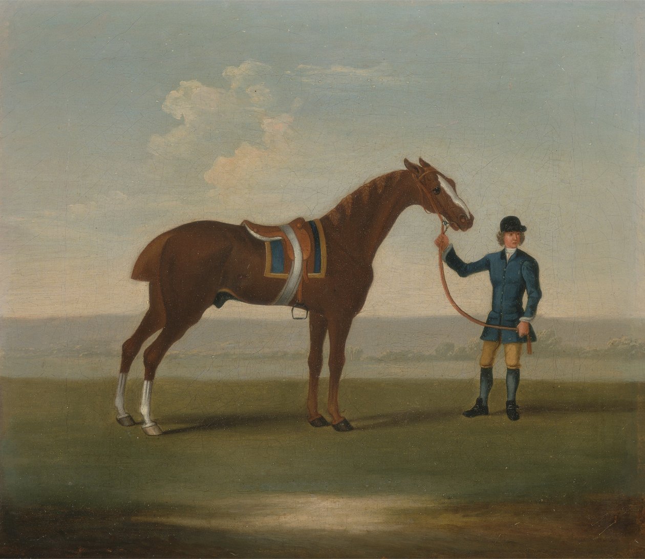 En kastanjehest (muligens gammel partner) holdt av en brudgom (olje på lerret) av James (attr.) Seymour