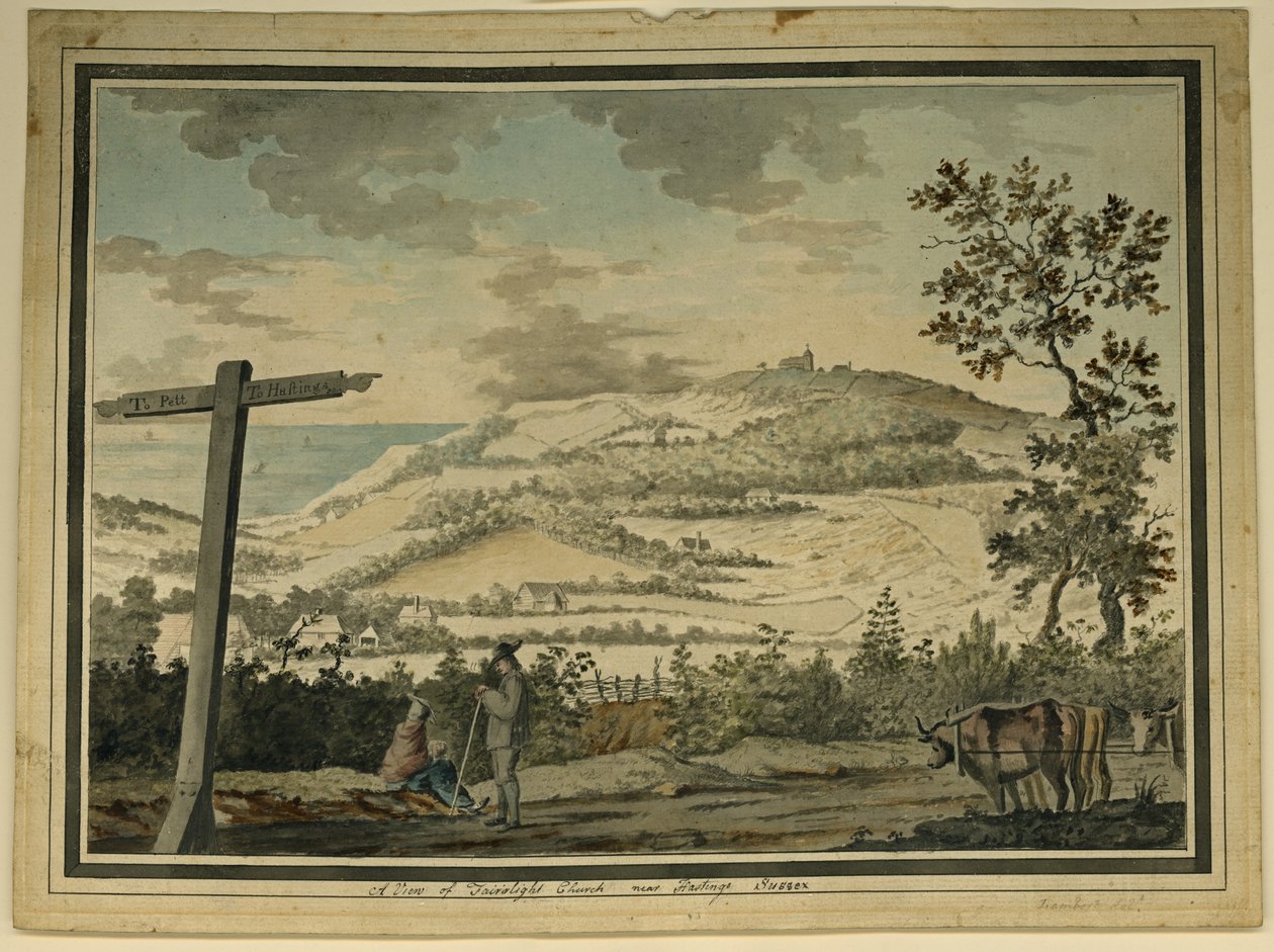 A View of Fairlight Church, nær Hastings, Sussex (akvarell på papir) av James (attr. to) Lambert