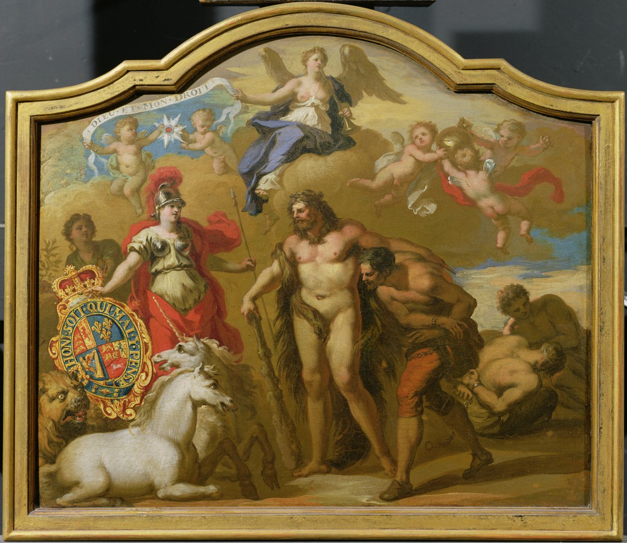 Allegory of the Power of Great Britain by Land, design for et dekorativt panel for George I sin seremonielle trener, ca. 1718 (olje på panel) av James (attr. to) Thornhill