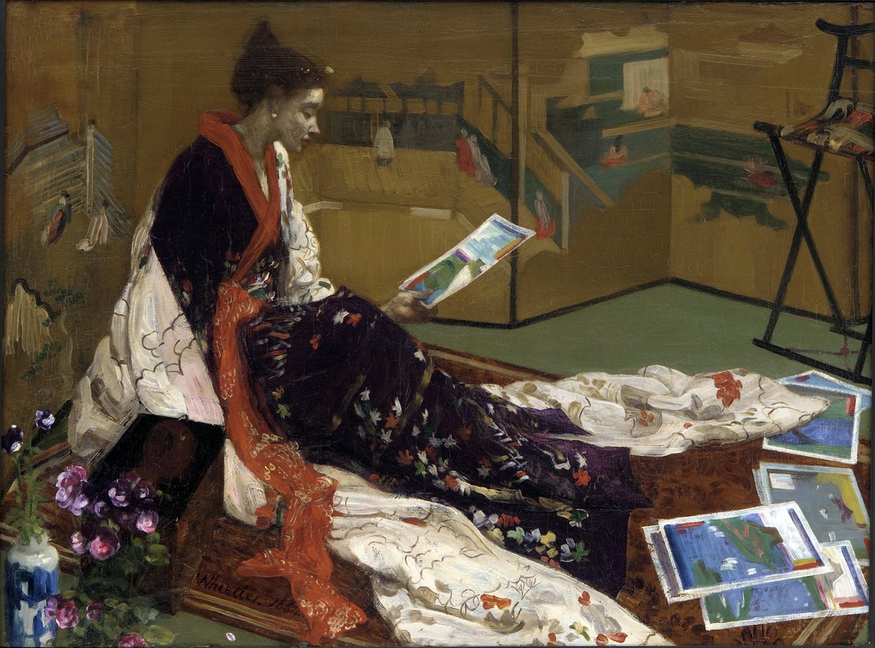 ""Caprice i lilla og gull: den gyldne skjermen"" Ung kvinne kledd i japansk stil i kimono, ser på trykk - (japanisme) Maleri av James Abbott McNeill Whistler (1834-1903) 1864 Freer Gallery of Art, Washington USA av James Abbott McNeill Whistler