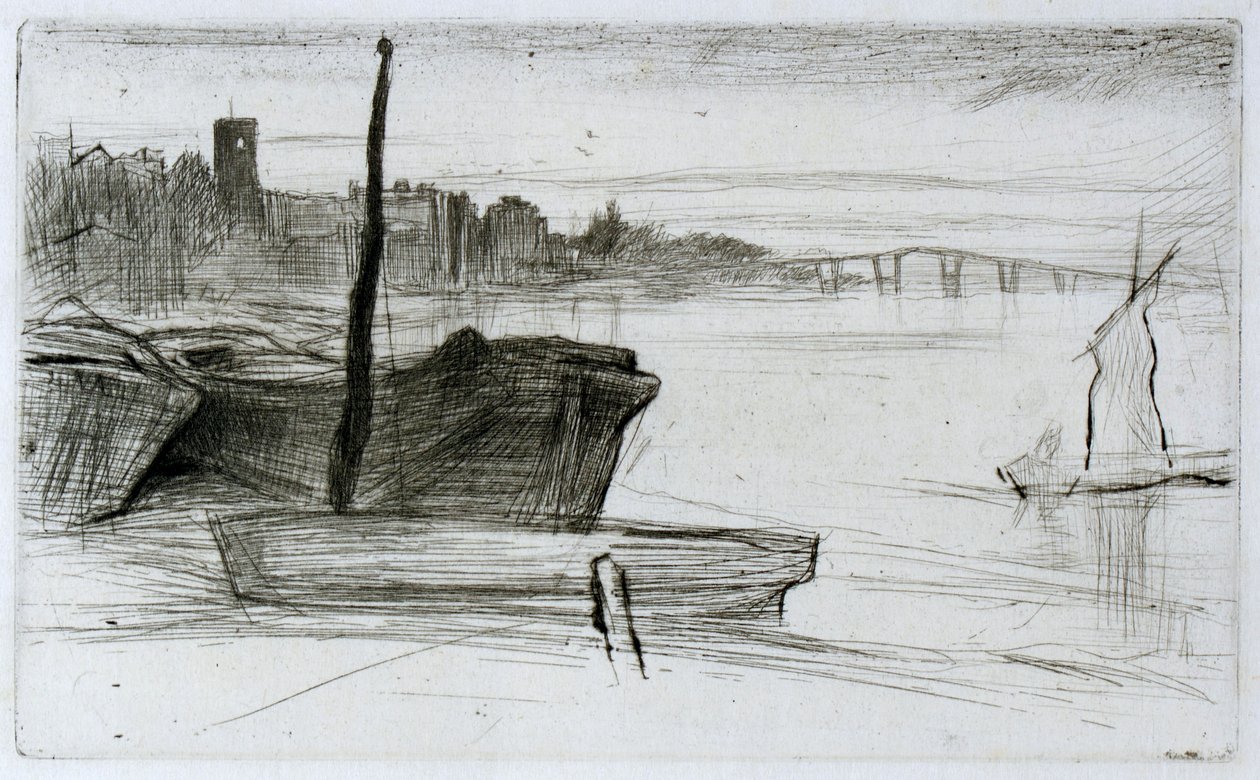 Chelsea Bridge og kirke av James Abbott McNeill Whistler