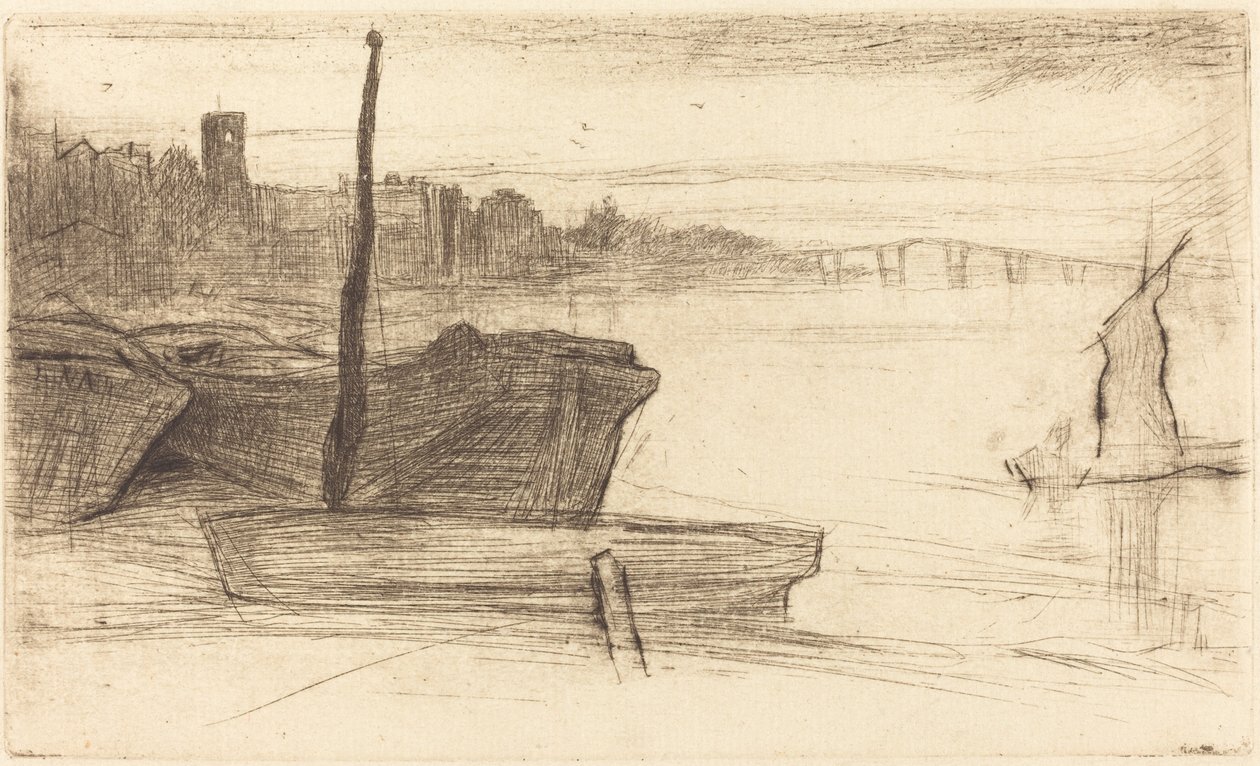 Chelsea Bridge og kirke, ca. 18701871. av James Abbott McNeill Whistler