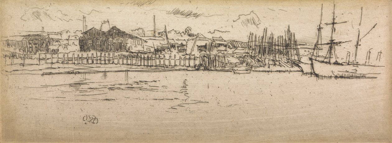Dry-Dock, Southampton, fra et sett med tolv etsninger med tittelen The Naval Review, 1887 av James Abbott McNeill Whistler