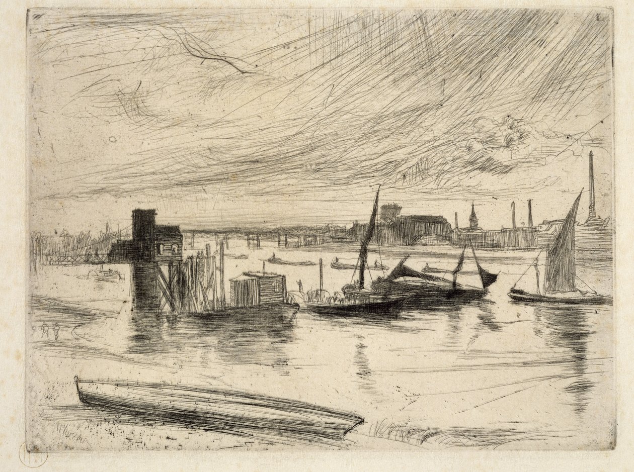 Tidlig morgen, Battersea, 1861 (tørrpunkt) av James Abbott McNeill Whistler