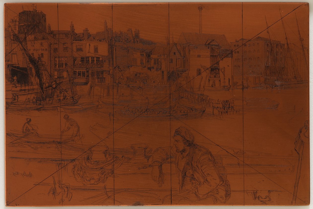 Etseplate: Black Lion Wharf, 1859. av James Abbott McNeill Whistler
