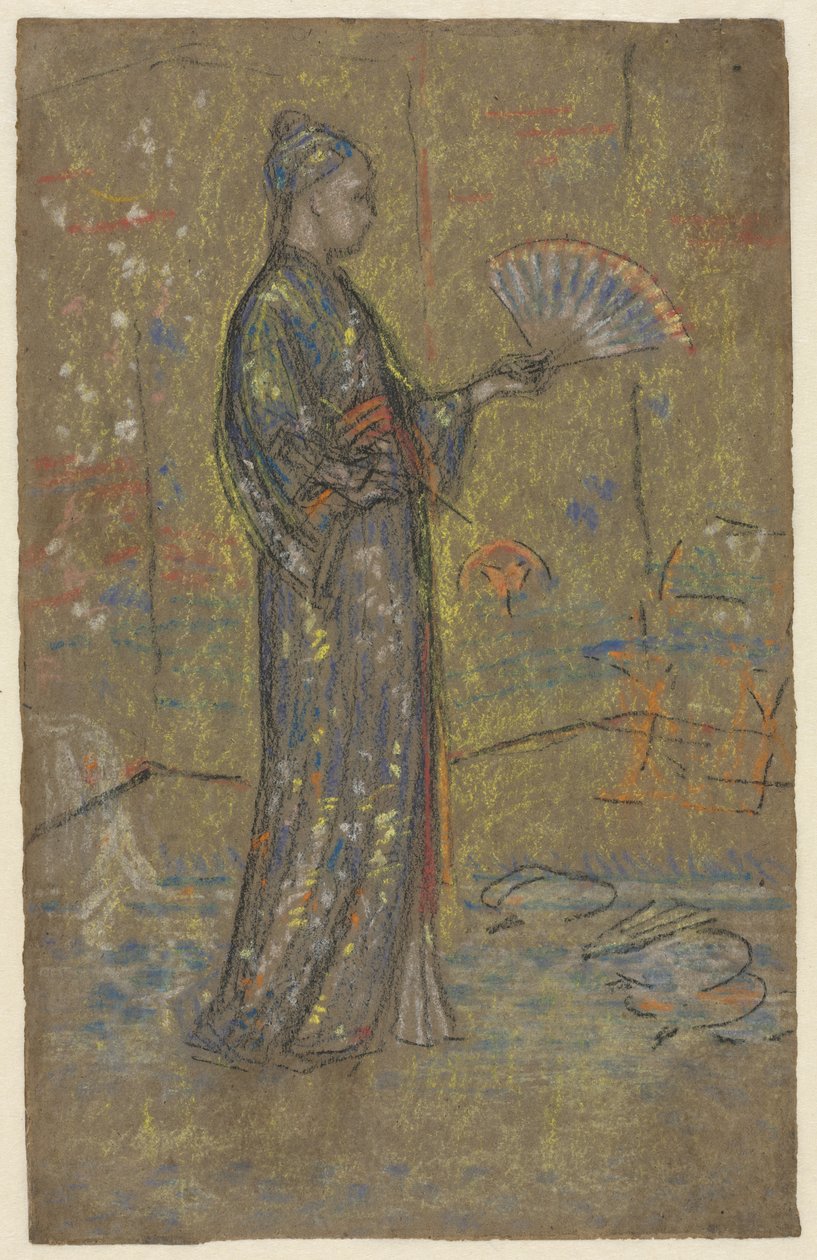 Japansk kvinne som maler en vifte, ca. 1872 (svart kritt og pastell) av James Abbott McNeill Whistler