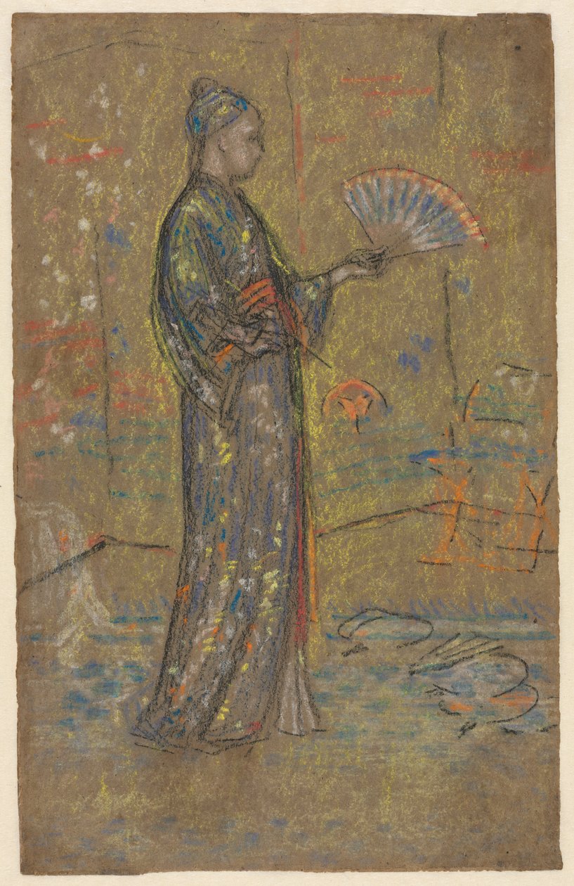 Japansk kvinne som maler en vifte recto, stående kvinne som holder opp kjolen på baksiden, ca. 1872. av James Abbott McNeill Whistler