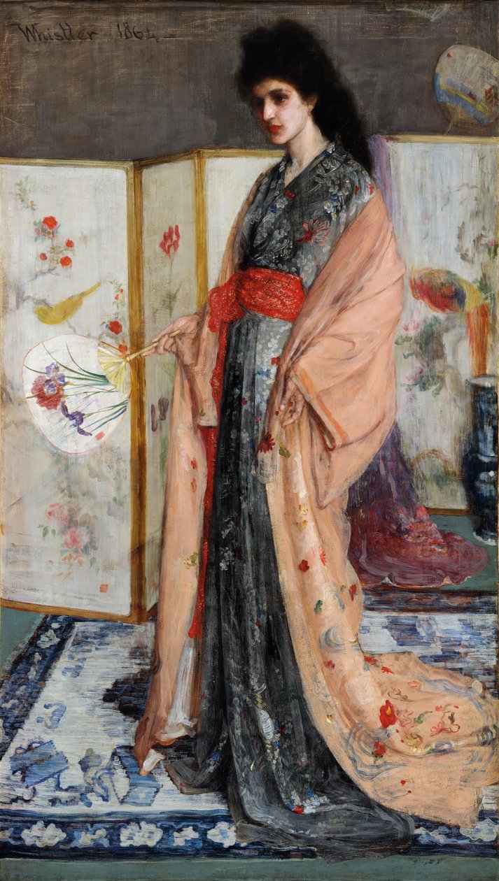 ""Prinsessen av porselenslandet"" (Rose and Silver: The Princess from the Land of Porcelain) Ung kvinne kledd i japansk stil i en kimono, bak henne en japansk skjerm (Japonisme) Maleri av James Abbott McNeill Whistler ( 1834- 1903) 1864 Friere av James Abbott McNeill Whistler