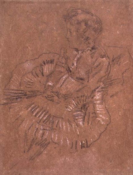 PD.67-1959 En sittende jente i et stort skjørt (A Study of Elinor Leyland) c.1870-80 (svart og hvitt kritt på brunt papir) av James Abbott McNeill Whistler